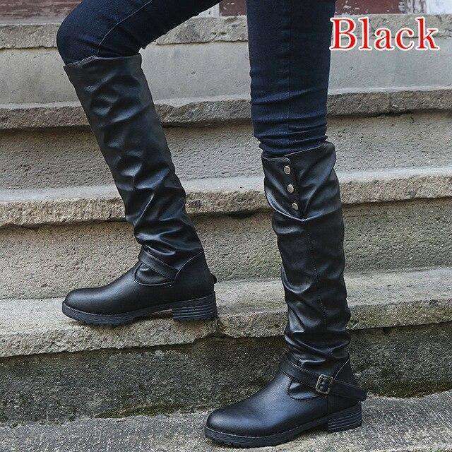 black leather knee high boots mid heel