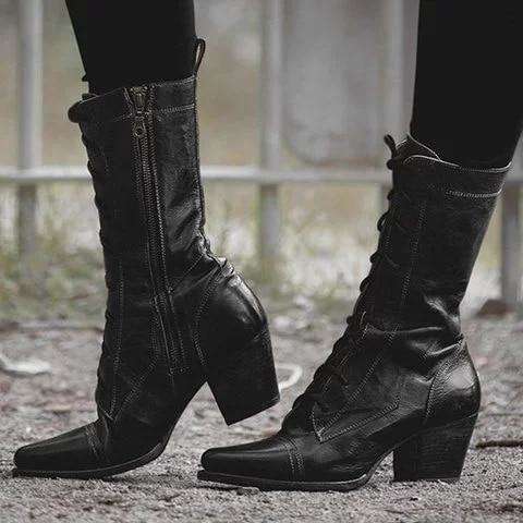 Image of Lace-up Genuine Leather High Boots
