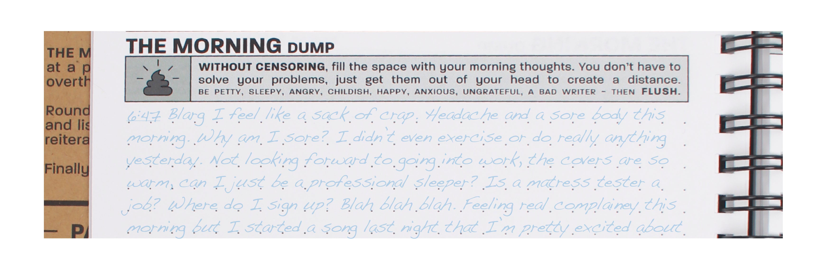 Practice Workbook showing the "Morning Dump" section of the Boot Up Exercise