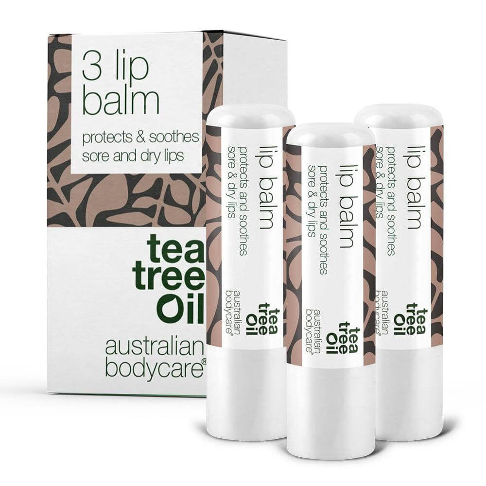Læbepomade til pleje af tørre læber – 3 stk. Lip balm med Tea Tree Oil til tørre læber og pleje ved forkølelsessår