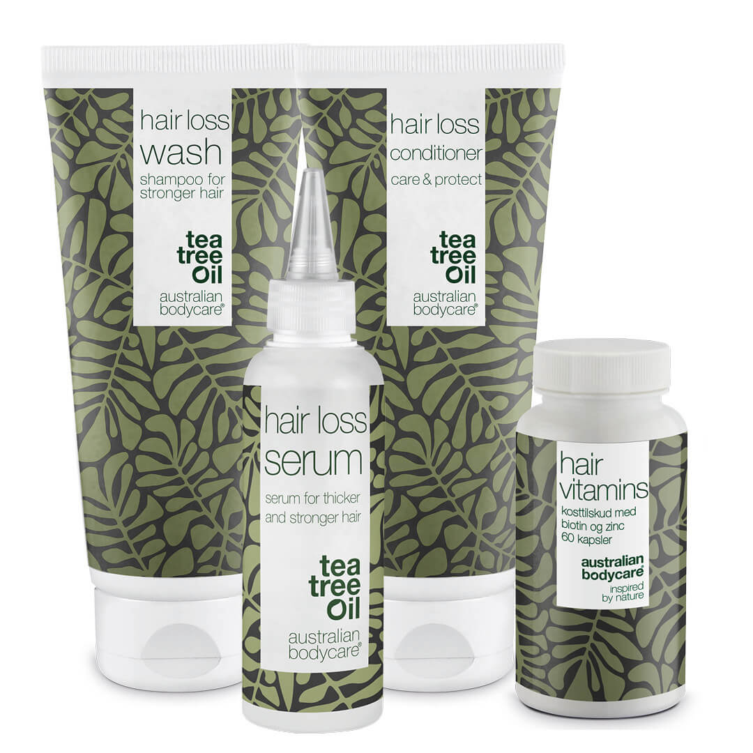 Billede af 4 produkter til hårtab og tyndt hår - Hårtabsprodukter med Biotin, Tea Tree Oil og Capilia Longa