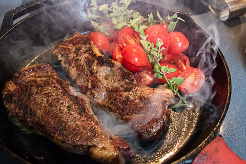 Bison New York Strip Steak-Searing in a skillet