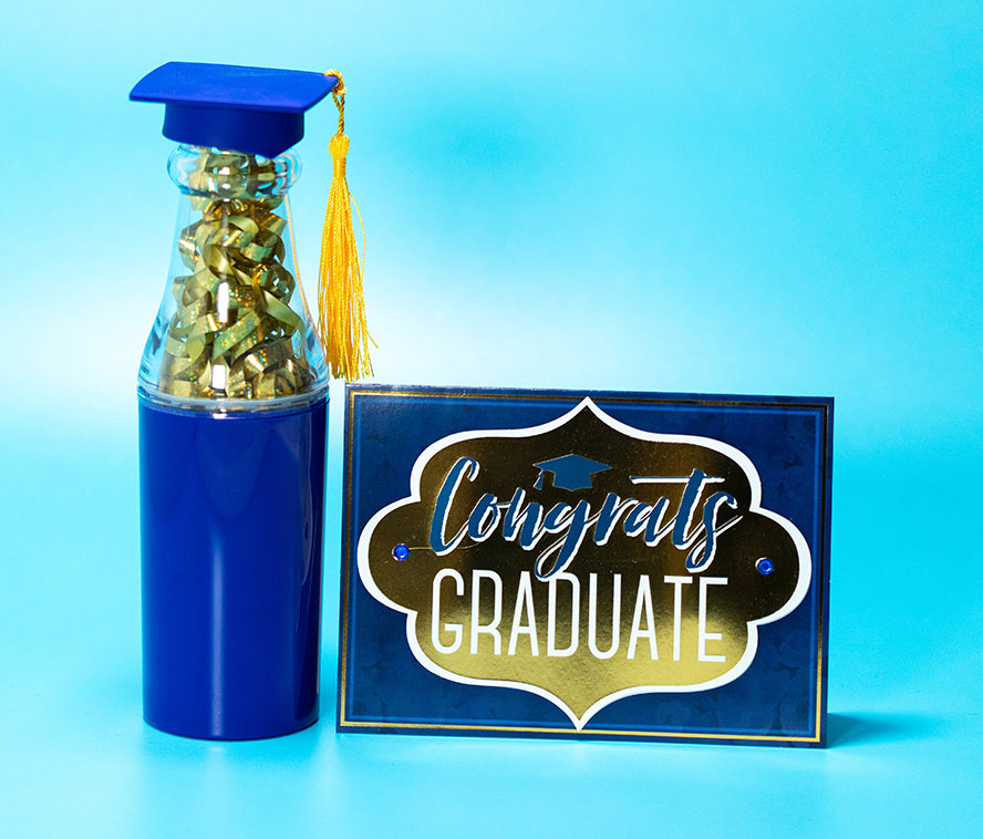 A blue and gold graduation card design.