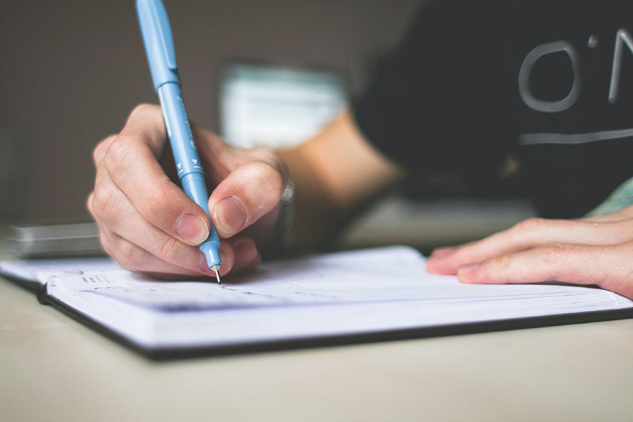 A woman jotting down notes in a notebook