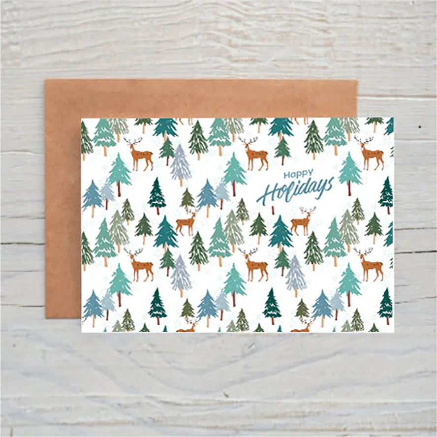A lighthearted design with reindeer and Christmas trees.
