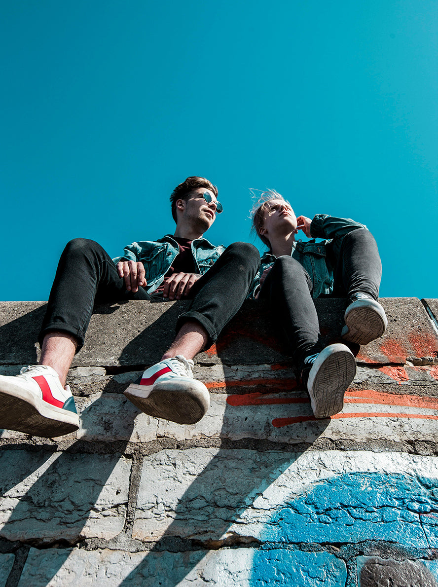 Two friends hang out on the edge of a wall.