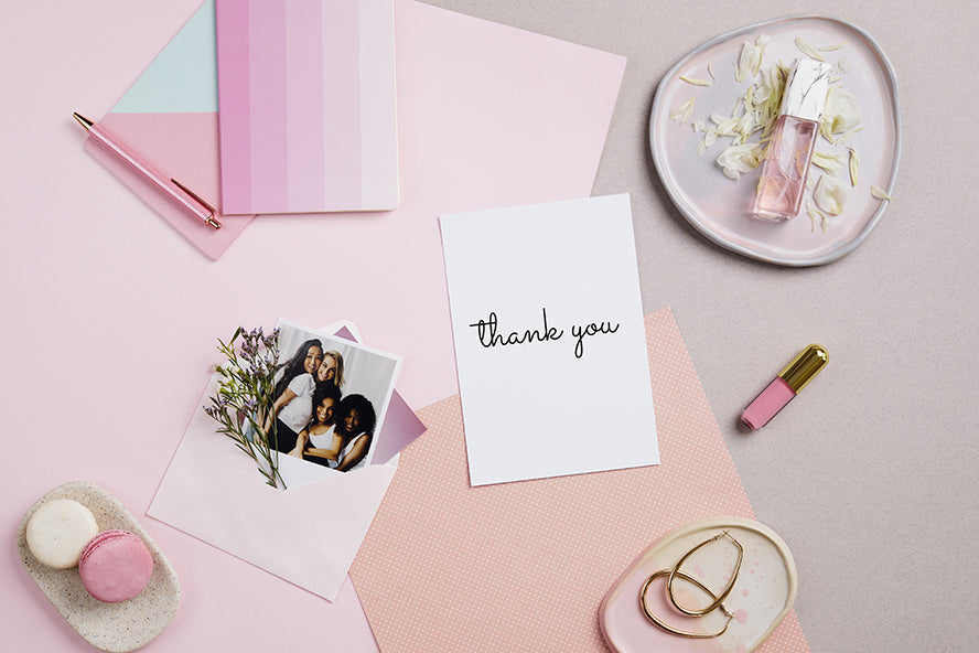 A lovely pink thank you note.