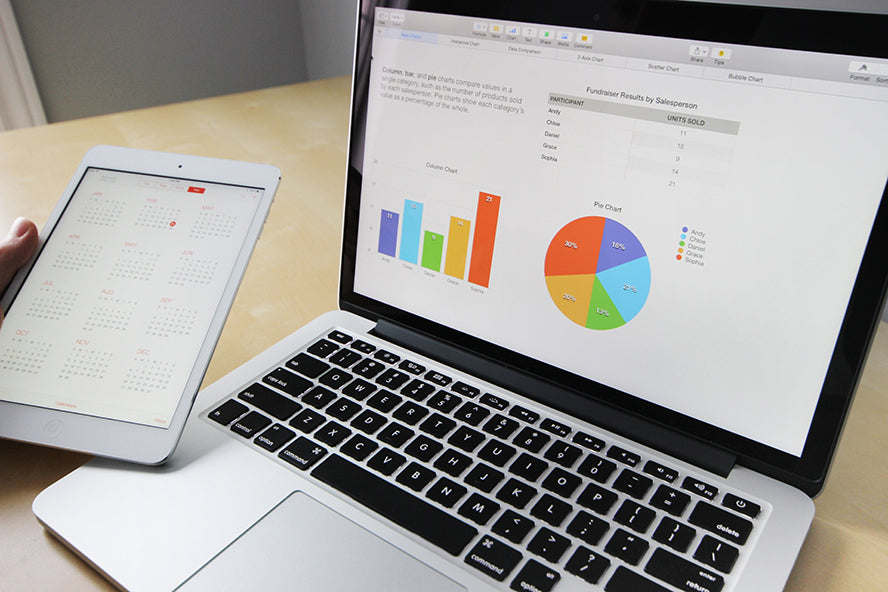 A computer displaying graphs and financial projections.