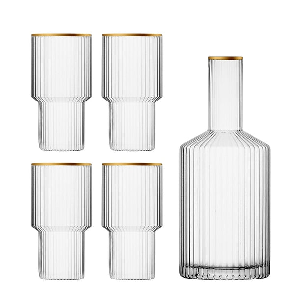 Glass Bedside Water Carafe with Lid and Glass Cups Set, Ribbed Carafe  Glassware Drinking Glasses for Nightstand, 27oz Vintage Fluted Glassware  Water Pitcher - Clear 