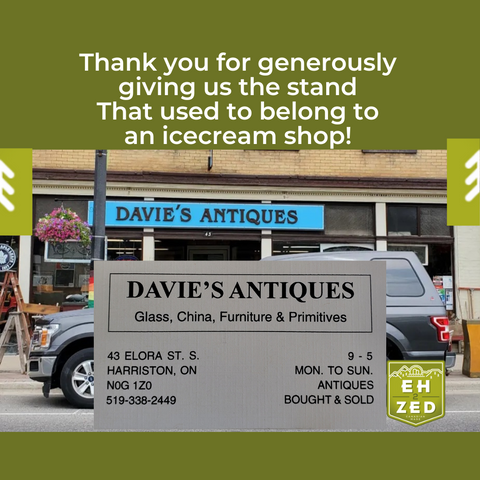 a business card infront of a picture of an antique store named Davie's Antiques and a thank-you note written above