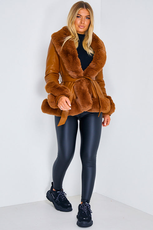 Camel Pu Faux Leather Faux Fur Trim Belted Coat Lasula 