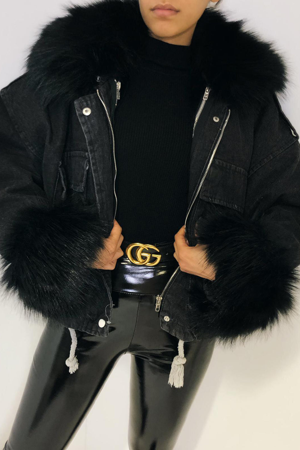 black faux fur denim jacket