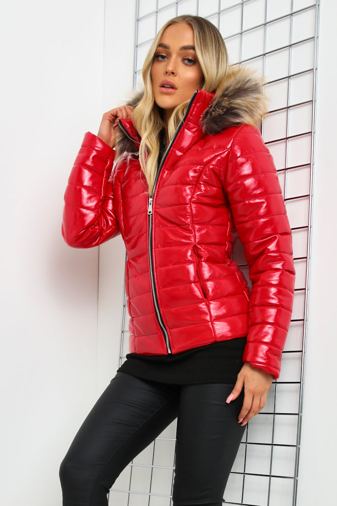 wet look puffer coat with faux fur hood