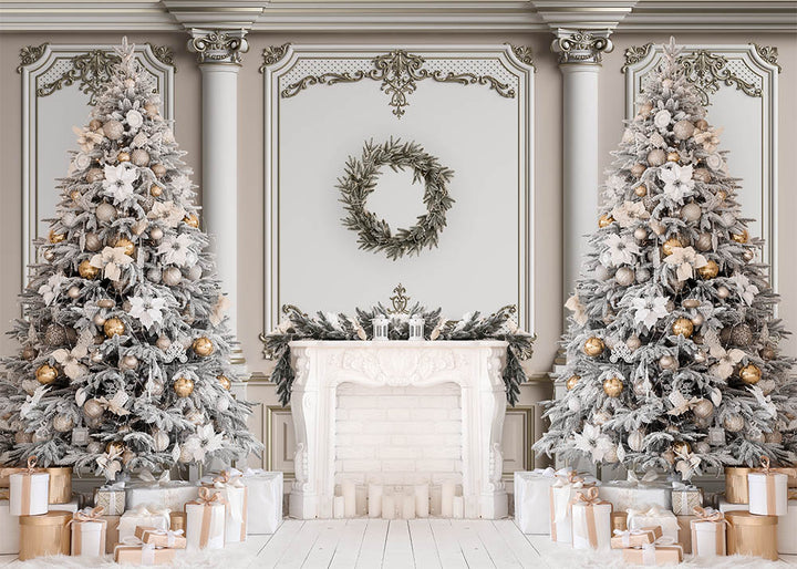 Printed Elegant White Christmas Tree Decorations and Fireplace Backdrop -  4663