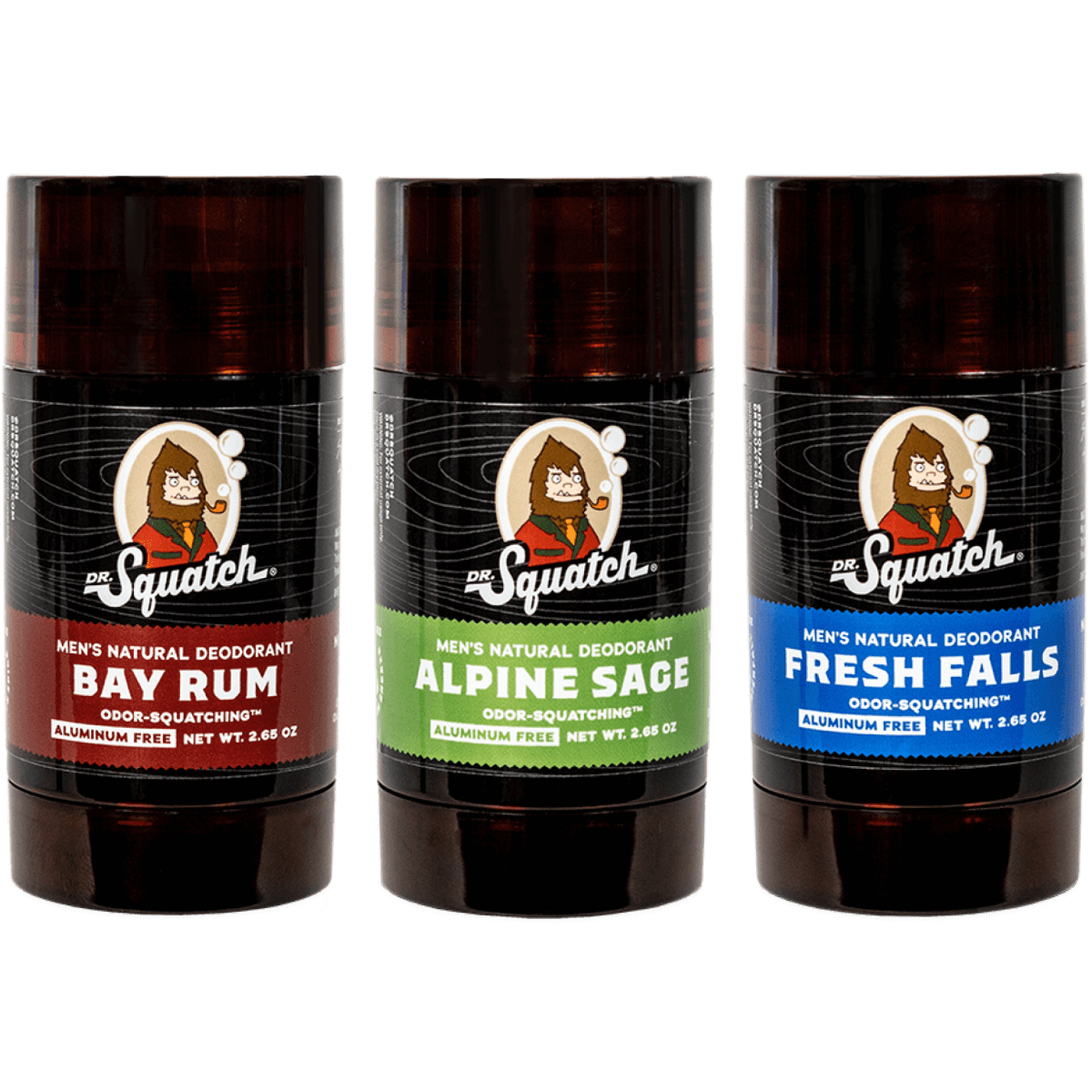 Dr. Squatch Men's Natural Deodorant 6-Pack Variety Bundle - Fresh Falls,  Pine Tar, and Wood Barrel Bourbon - Odor-Squatching and Aluminum-Free, 2.65  oz., 6-Pack