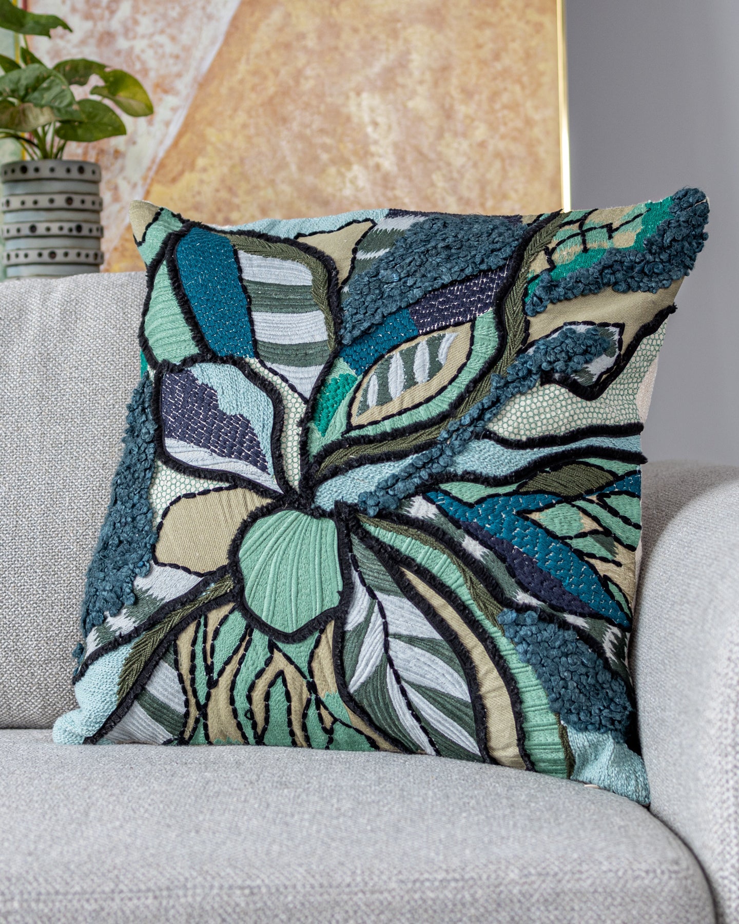 Image of Hoya Hand Embroidered Organic Cotton Throw Pillow