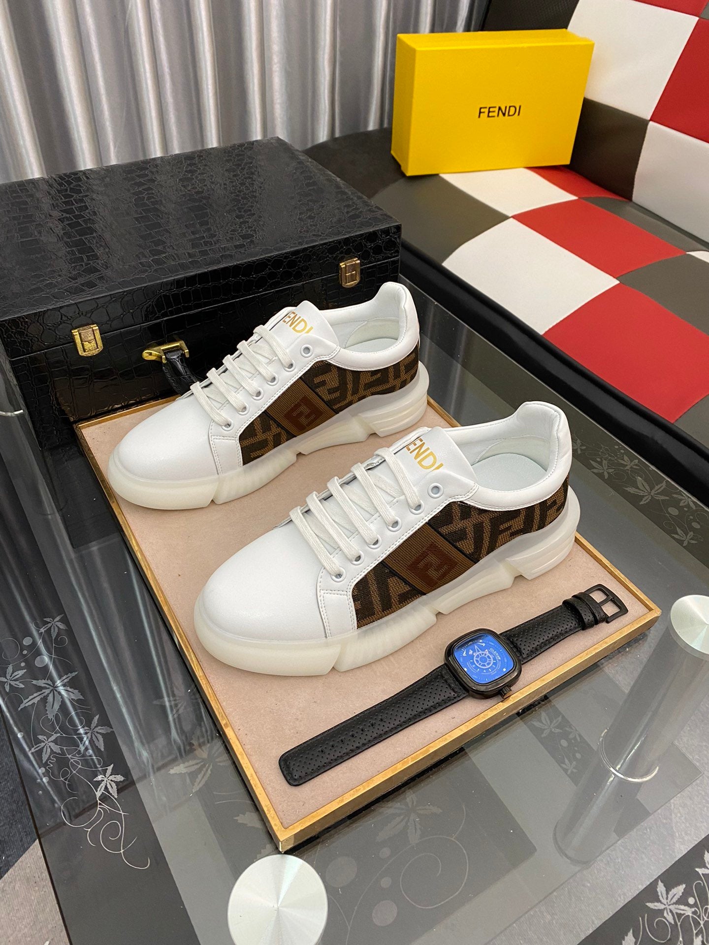 2021 Fendi Men's Leather Fashion Low Top Sneakers Shoes WHITE COFFEE