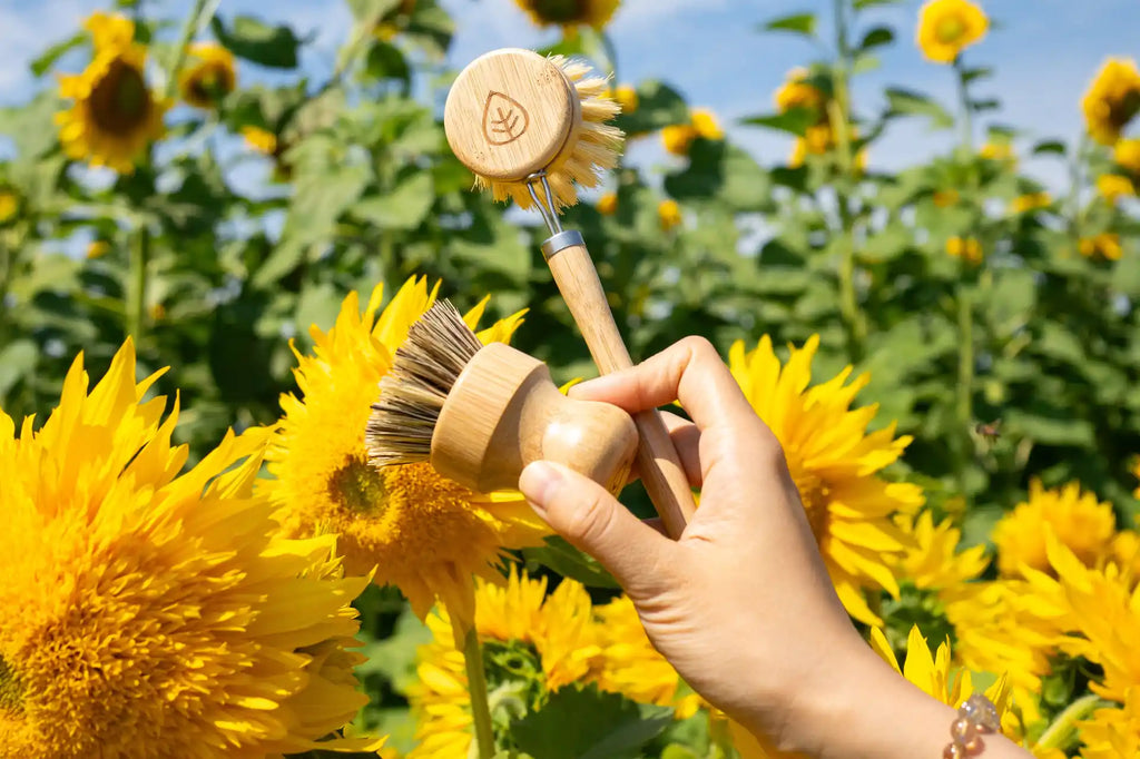 Woman holding a sisal pot scrubber and dish brush in a sunflower field