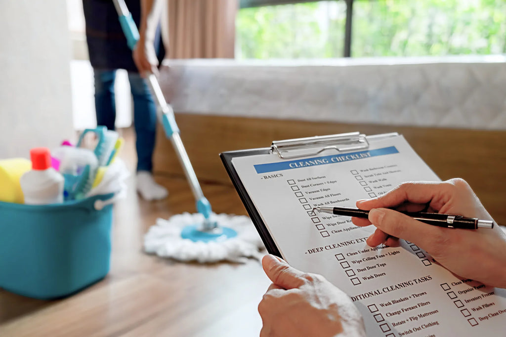 Person checking off cleaning checklist while another person mops