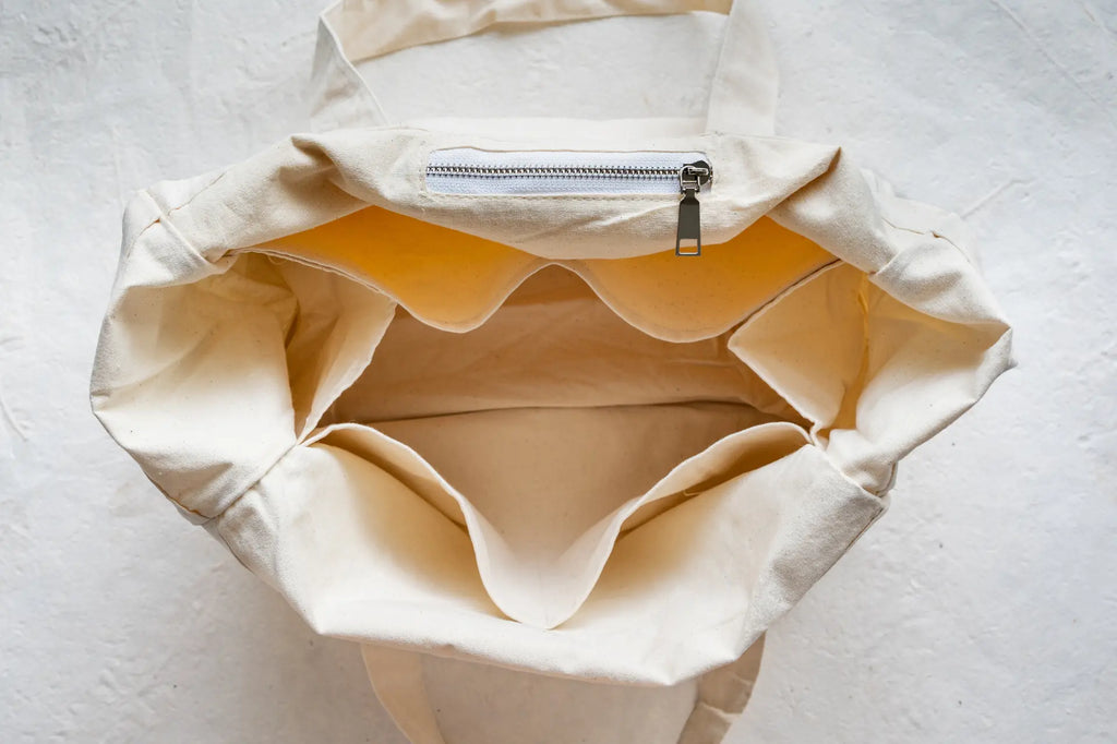 Top view of a multi-pocket tote bag, showing all it's comparments