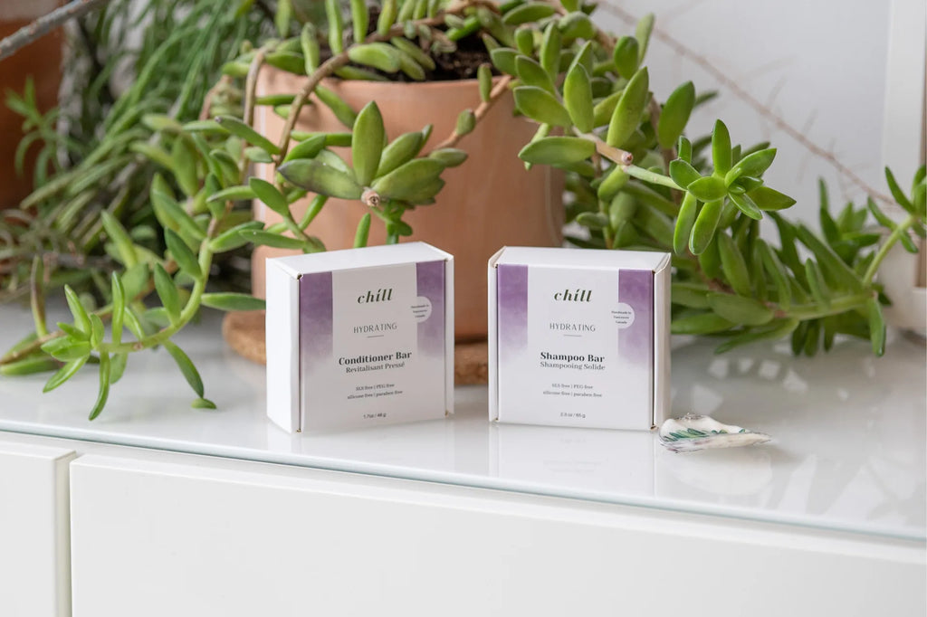 Boxes of Plantish shampoo and conditioner bars on a counter