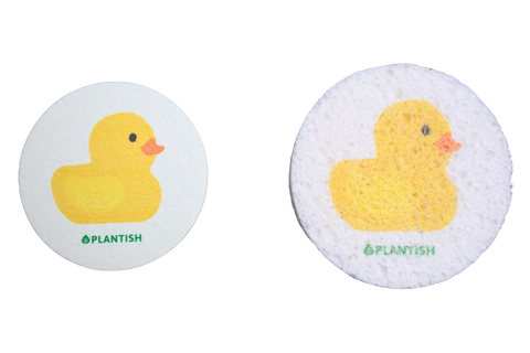 Before and after of a rubber ducky pop up sponge