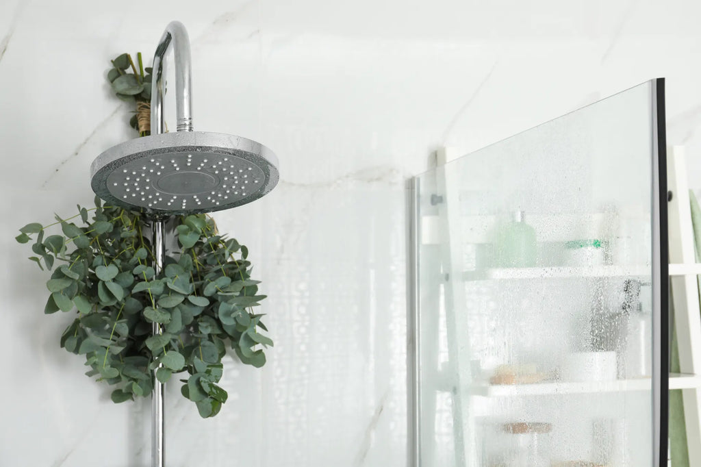 Eucalyptus branches and leaves hanging off a shower head