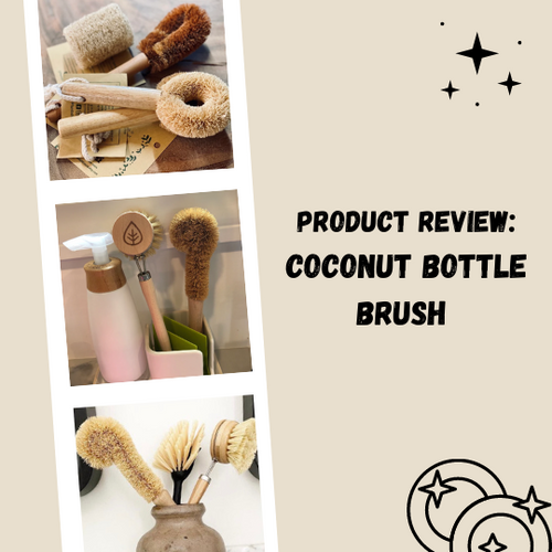 Title product review coconut bottle brush with a reel of photos on a light brown background