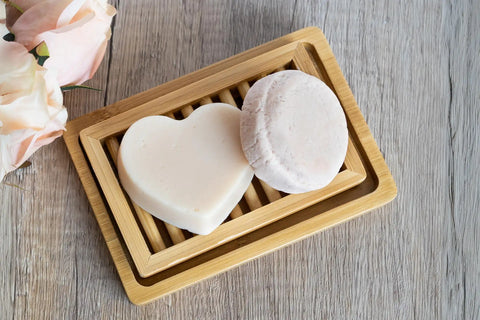 Dual layer bamboo soap dish with shampoo and conditioner bars