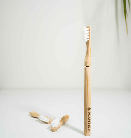 Refillable bamboo toothbrush standing on counter next to two refillable brush heads