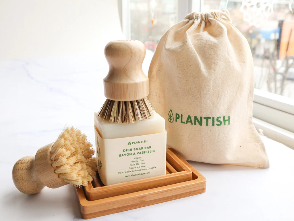 set of dish soap, bamboo soap dish, and plant-based brushes