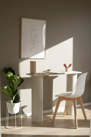 Modern desk in home with line drawing of female