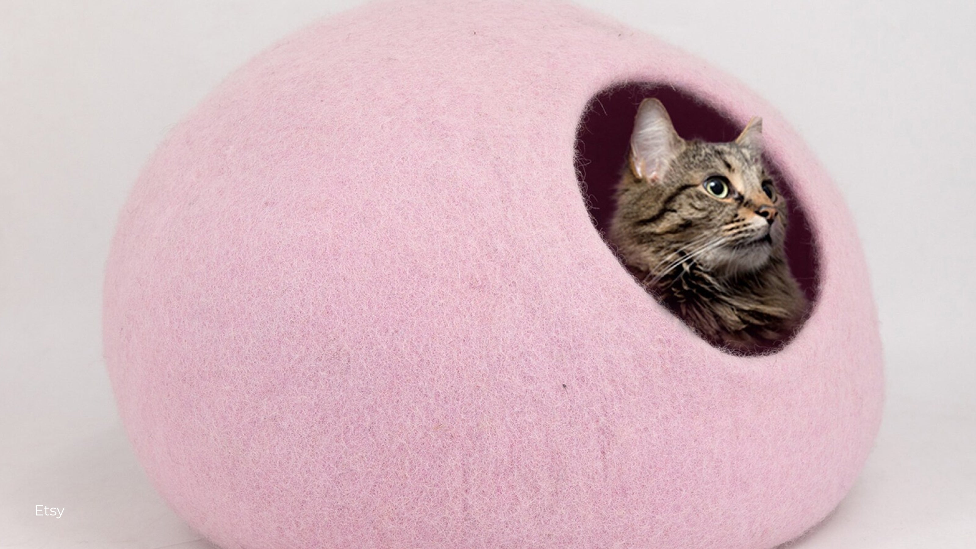 A black and gray cat peeks out from a hole in a pink felt cat den