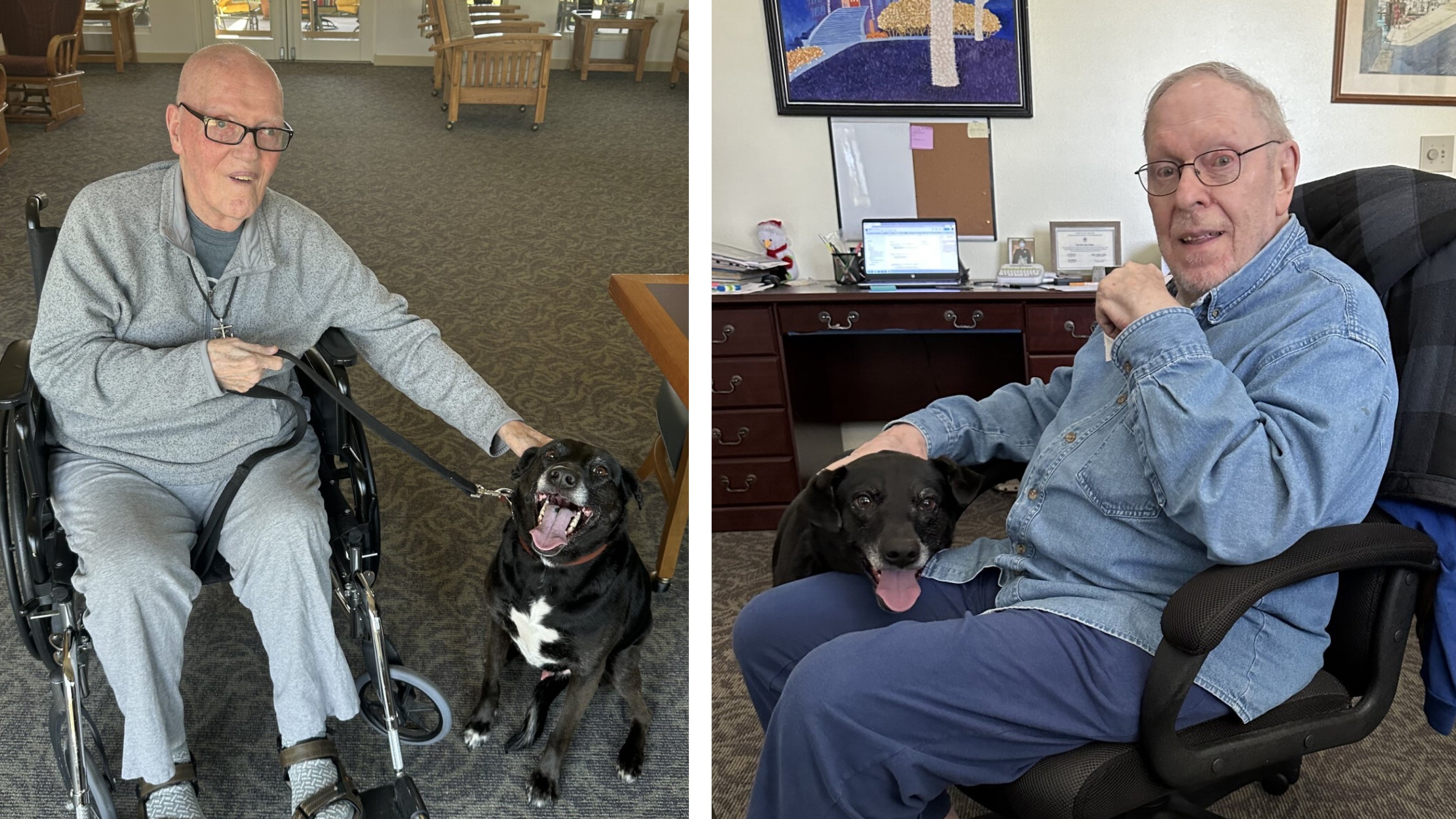A black and white dog gives and gets love from two patients at a memory care facility