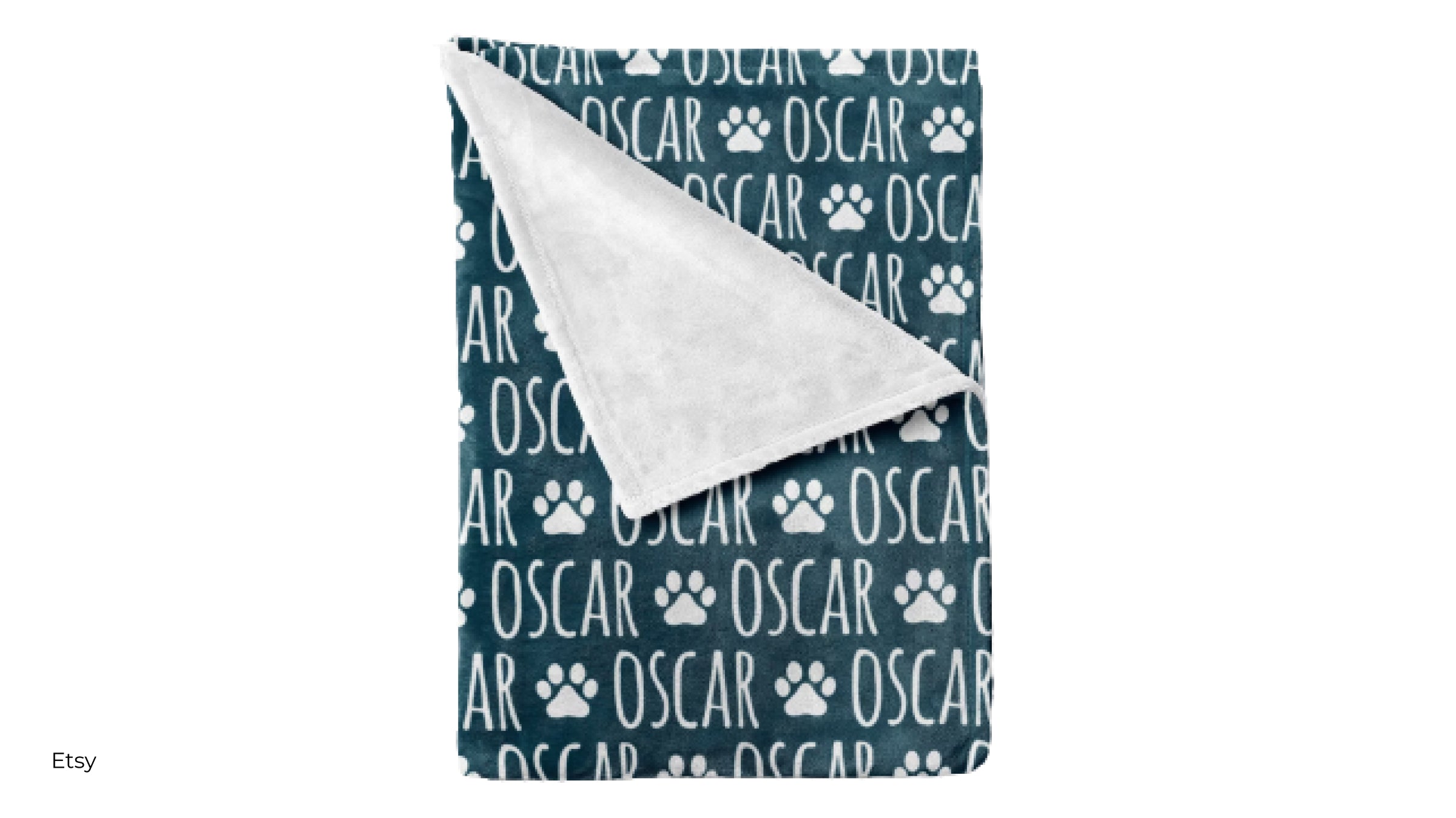 A blue and light gray personalized dog blanket from Etsy with the name Oscar on it alongside paw prints