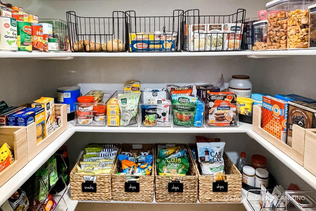 A fully stocked pantry with snacks arranged in containers