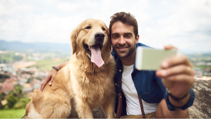 A man in a blue button down with a white tshirt underneath snaps a selfie with a golden retriever while hiking