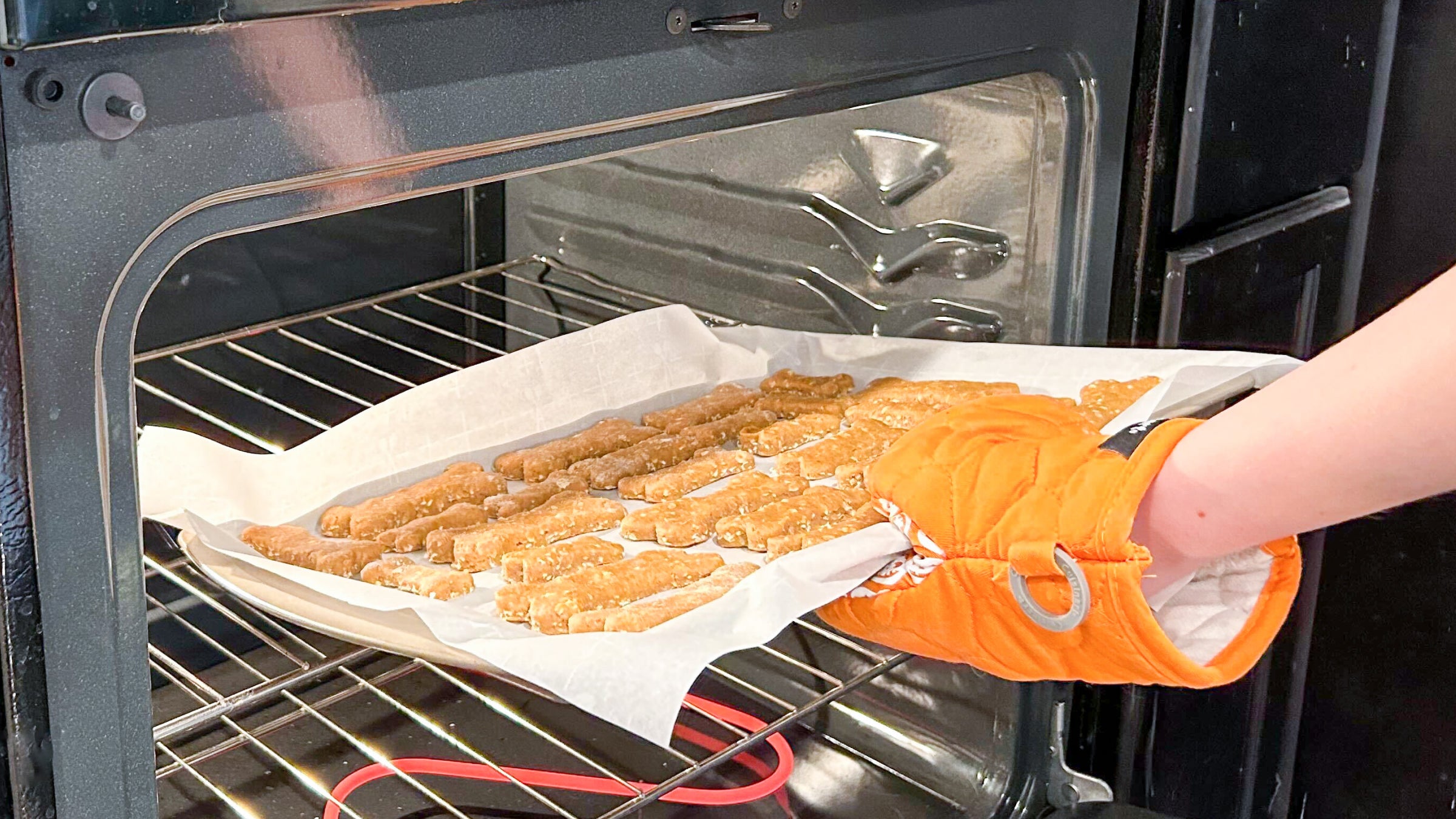 A person wearing an orange oven mitt puts homemade dog treats into the oven to bake them