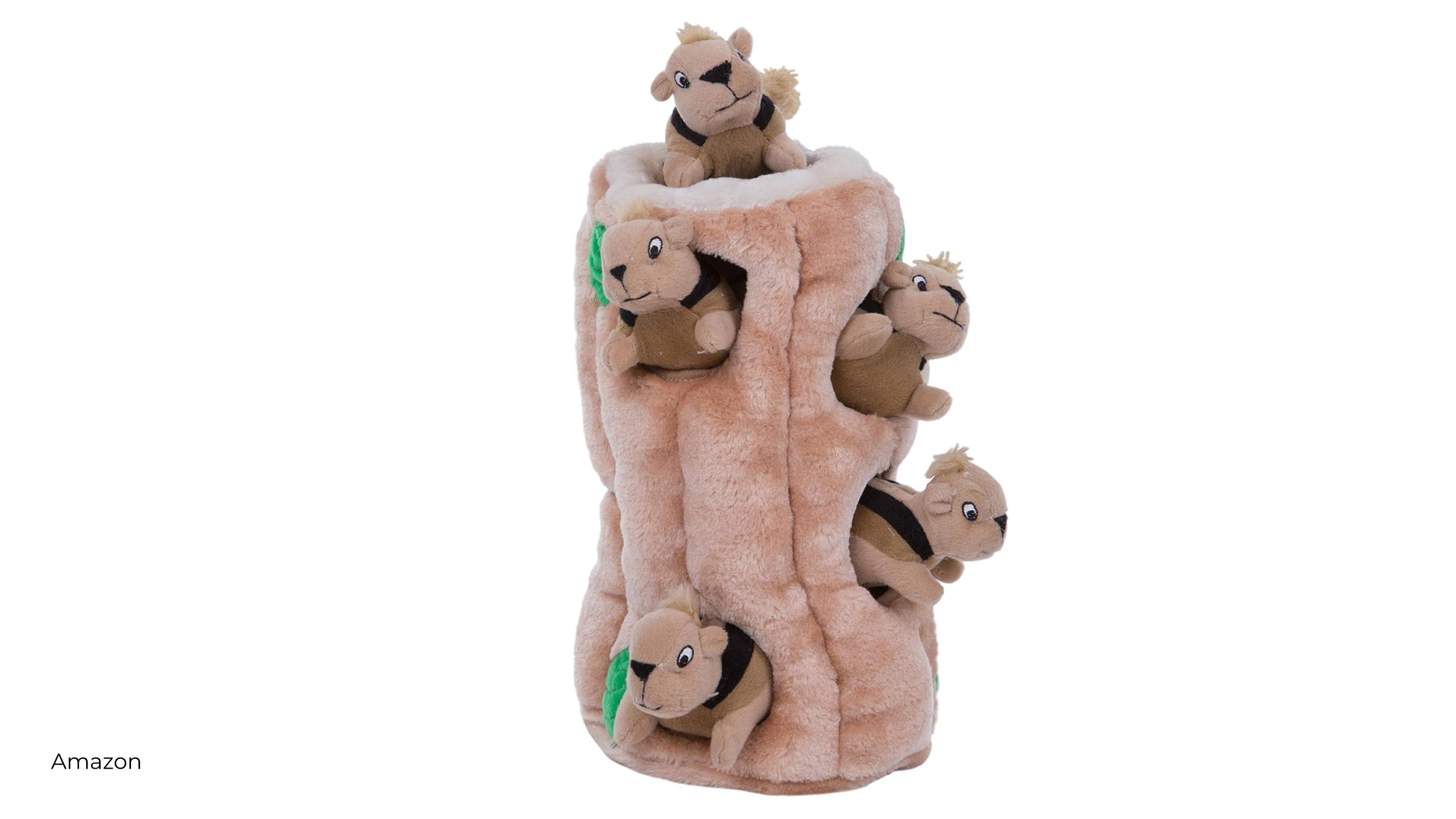 A plush dog toy puzzle with hiding squirrels popping out the holes
