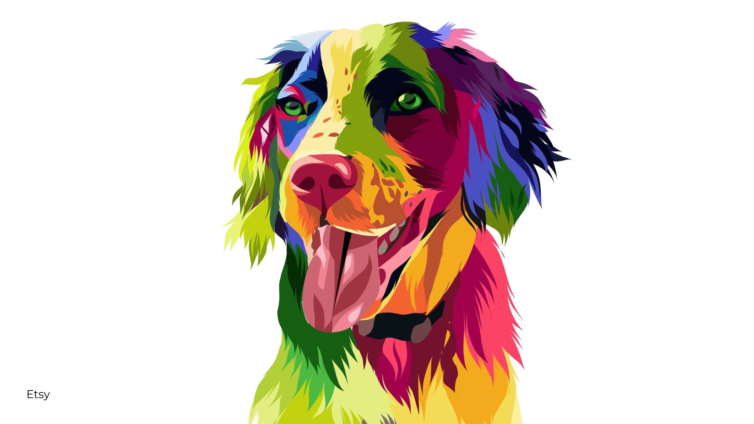 A pop art print of a dog with its tonque hanging out from Etsy