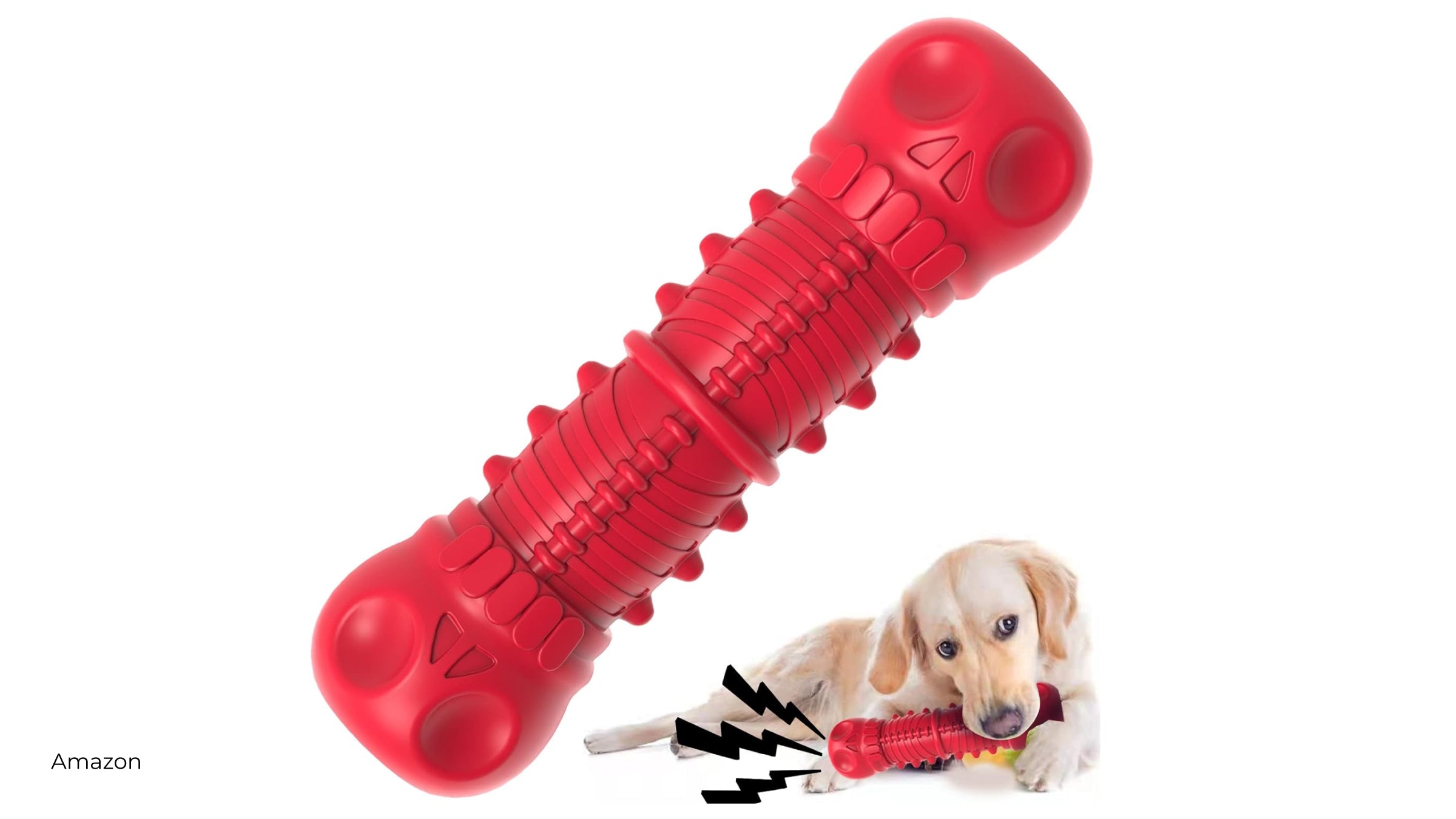 A red chew toy and a yellow lab