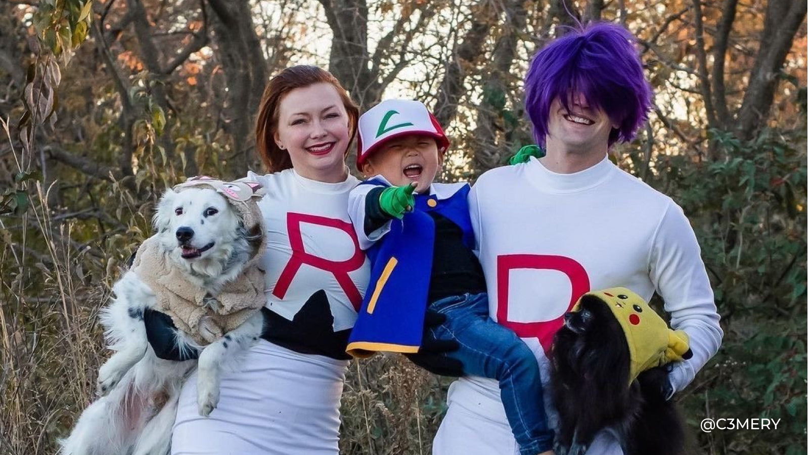 A woman and man with their child and dog wearing Pikachu costumes