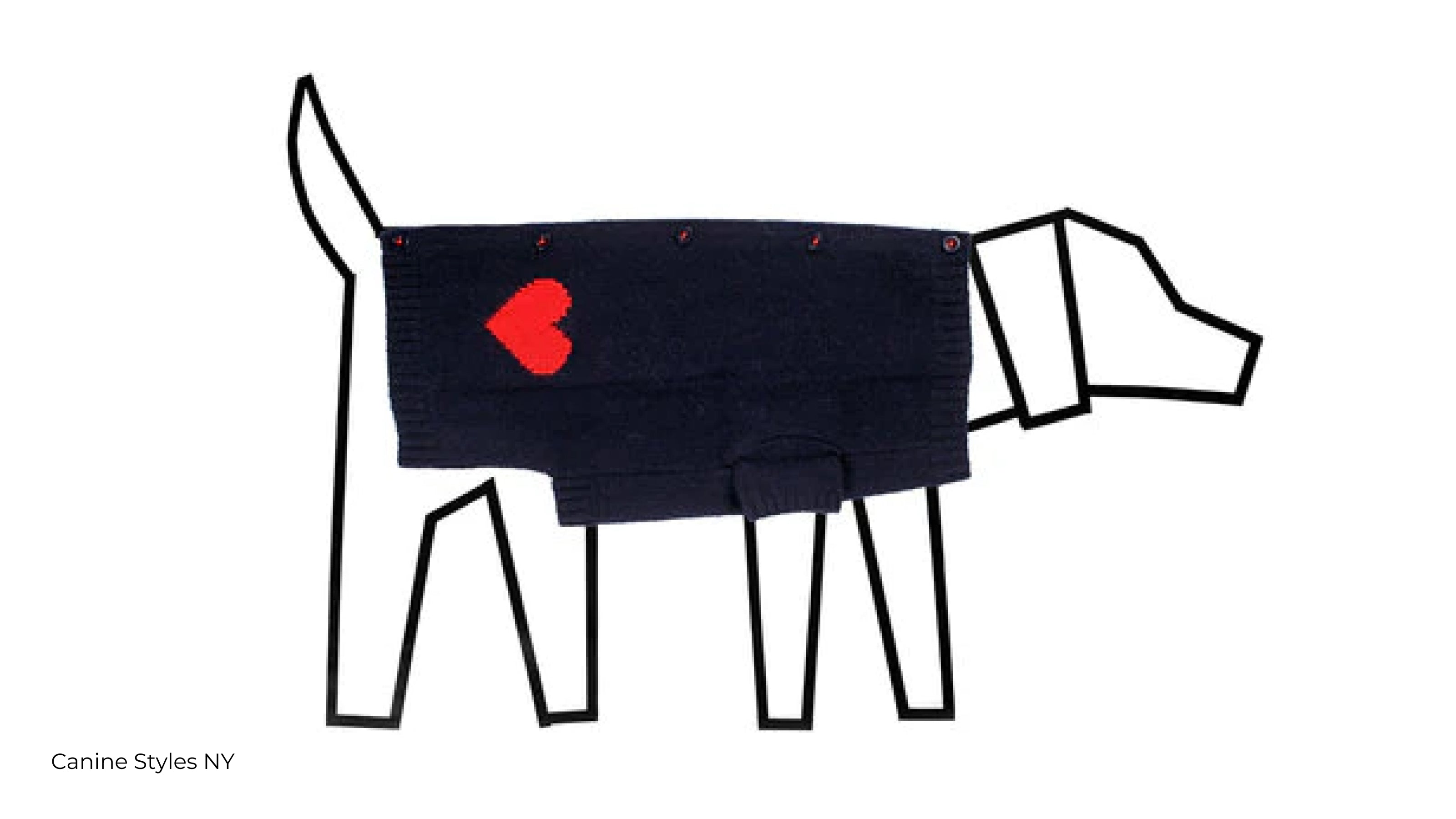 An outline illustration of a dog wearing a navy sweater with a red heart and button detailing