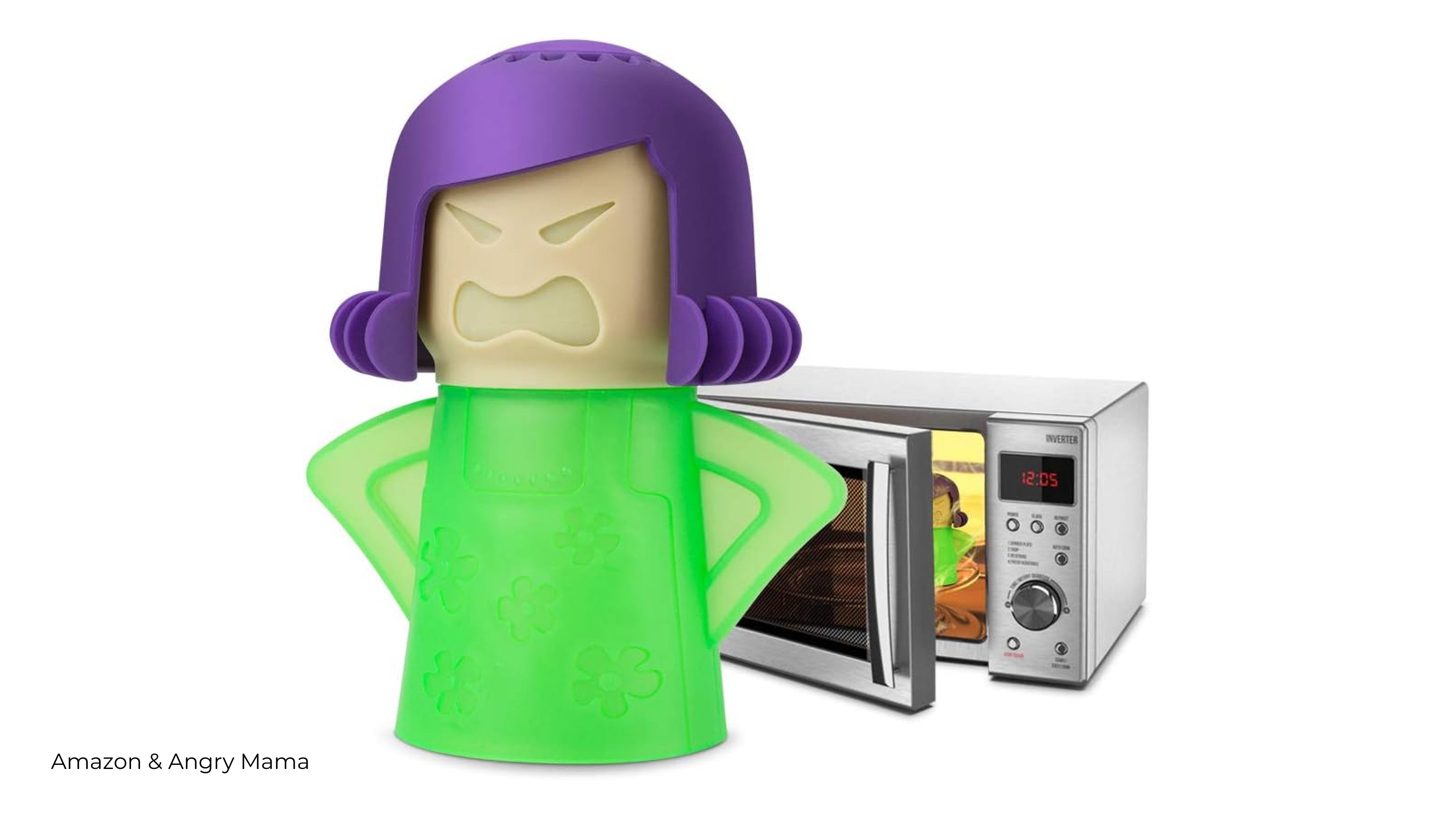 Angry Mama microwave cleare next to a small microwave on a white background