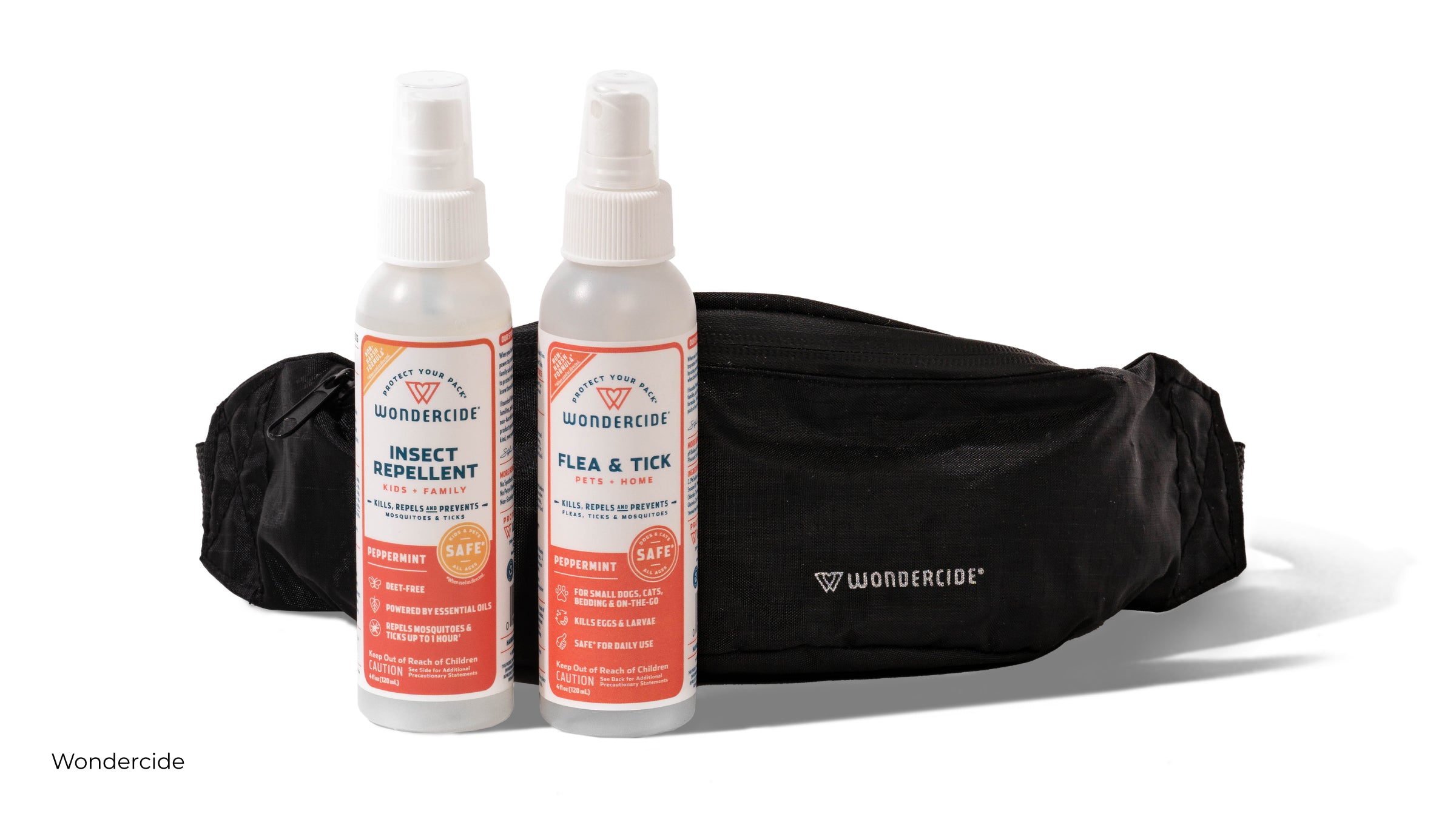 Black sling bag with Wondercide logo and two small spray bottles of Insect Repellent and Flea & Tick spray