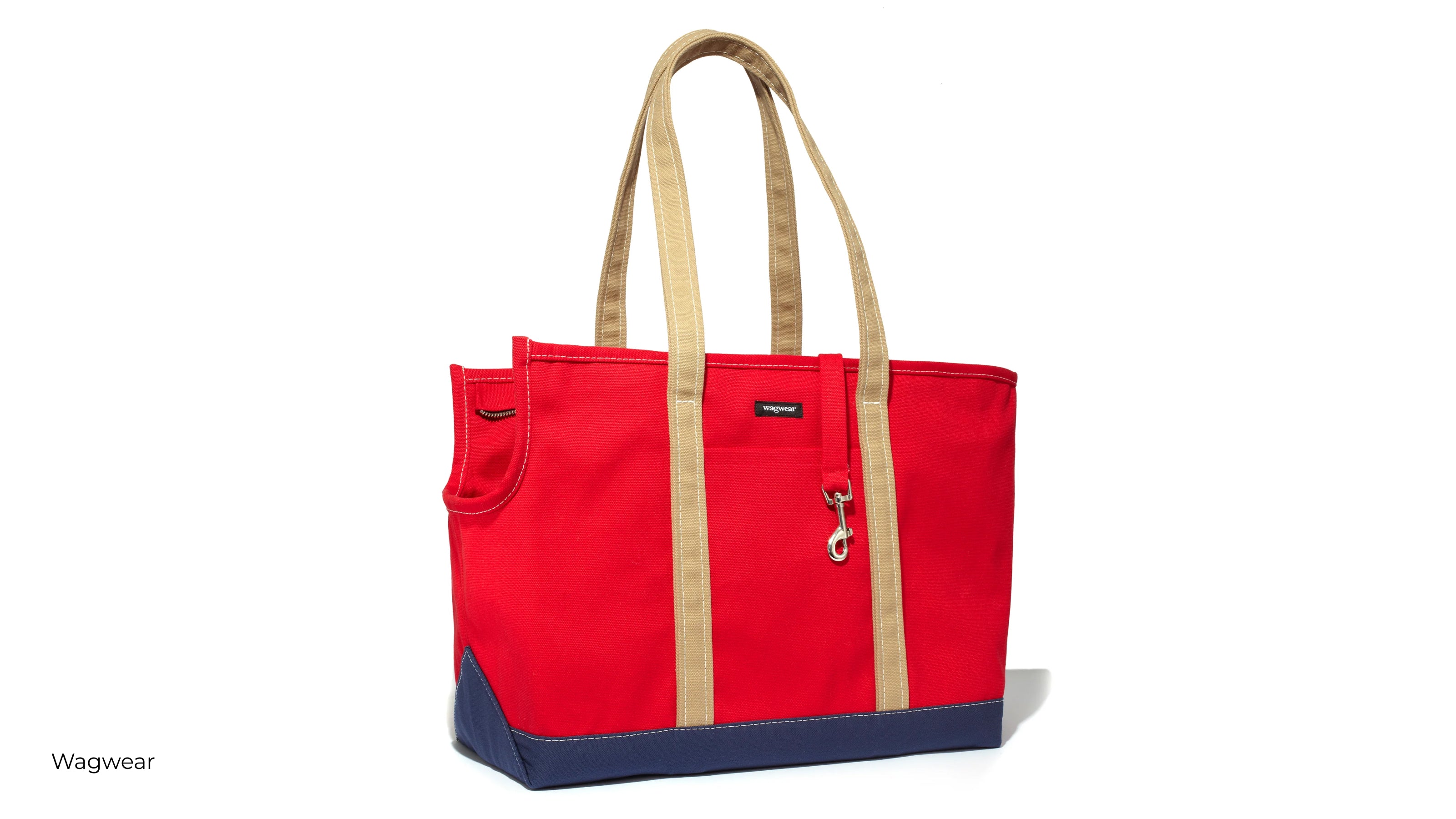 Canvas pet carrier from Wagwear in red navy and tan