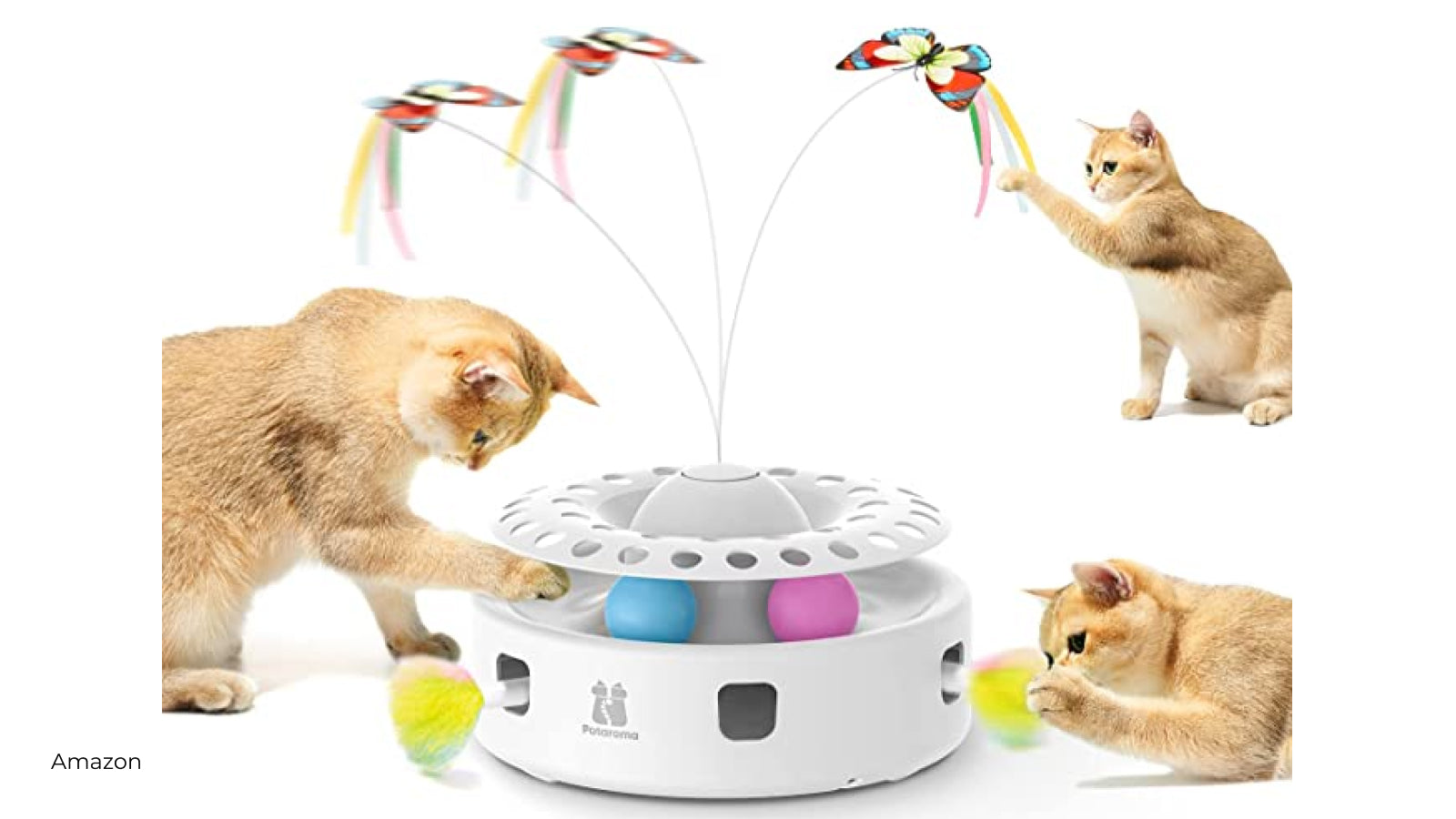 Compilation of three images of a brown cat playing with a floating butterfly and ball toy