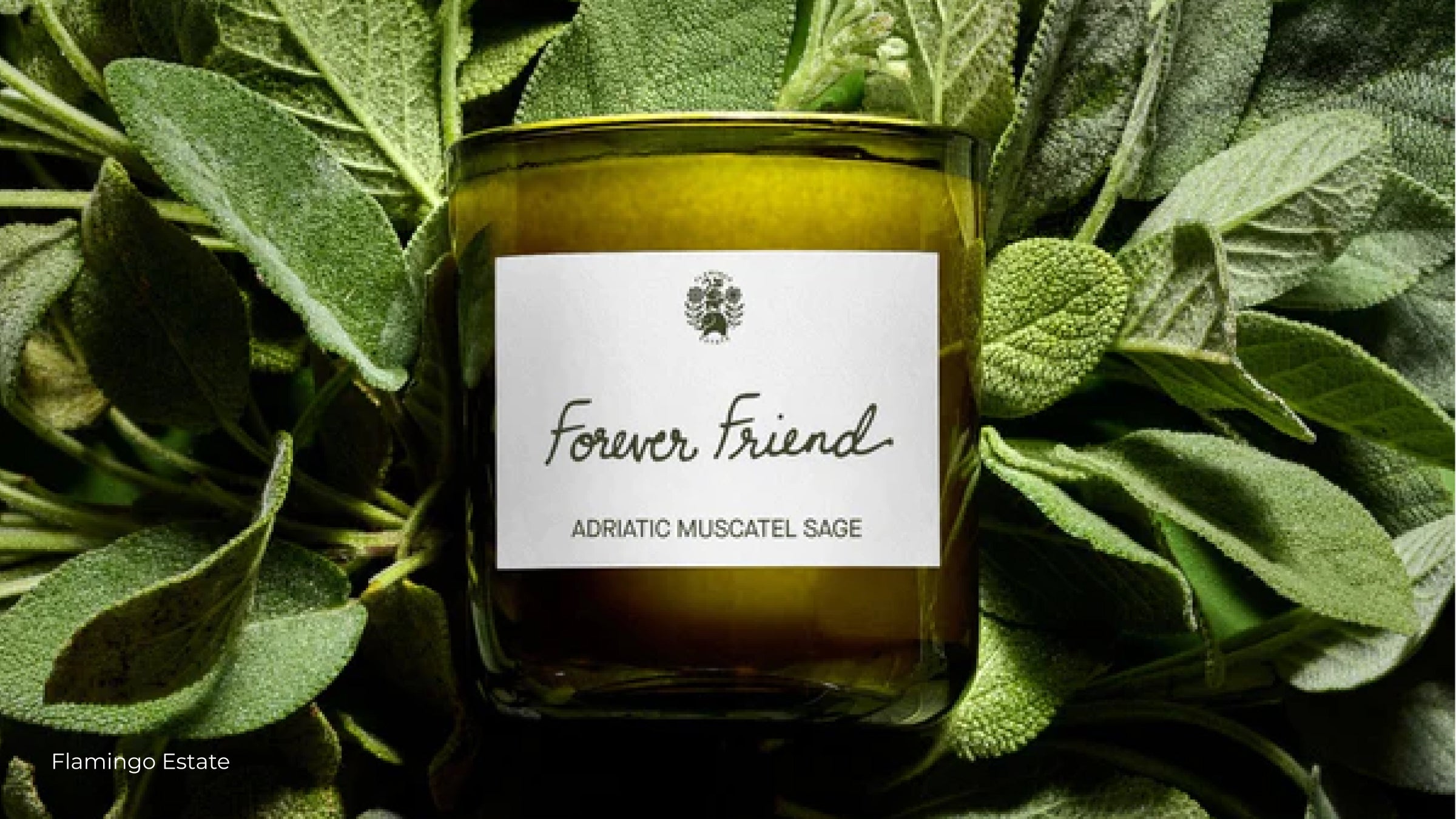 Customized sage candle from Flamingo Estate with a label that says Forever Friend