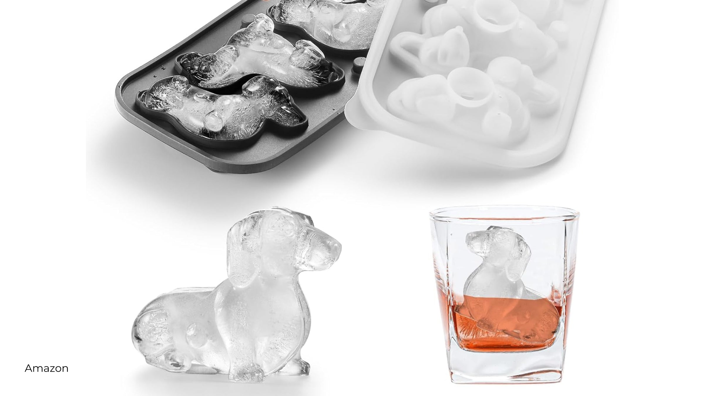 Dachsund ice trays and ice in a glass from Amazon