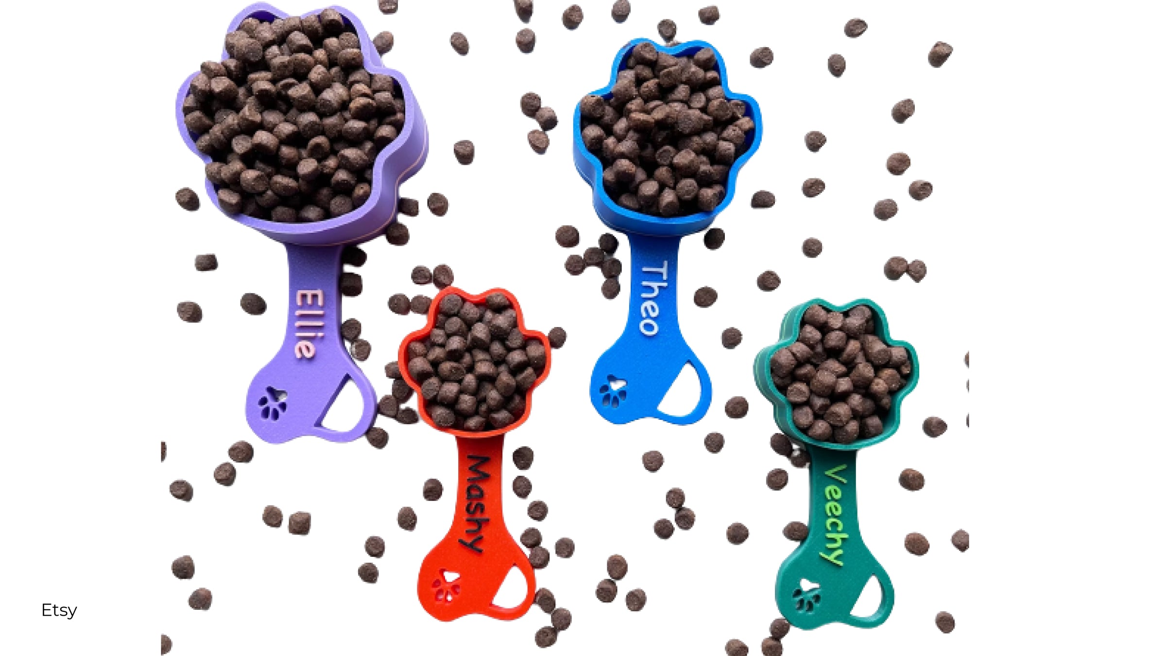 Personalized dog food scoops in various colors from Etsy